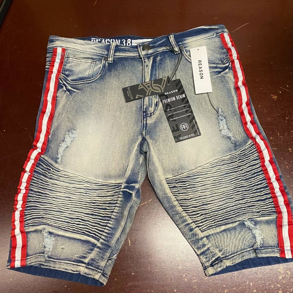 Reason Mens Blue 5 Pocket Design Distressed Side Stripes Denim Jean Shorts 36 38